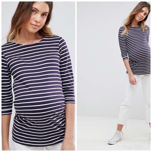 New Look Maternity Stripe 3/4 Sleeve Tee Blue 14 - Picture 1 of 7